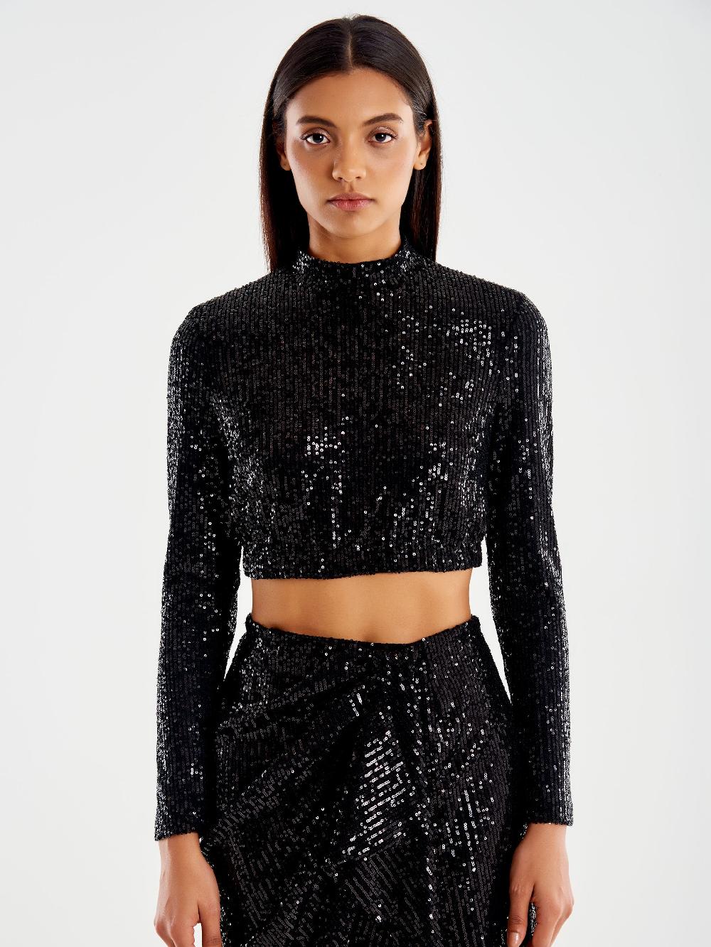 Vicolo Top Cropped Paillettes Nero