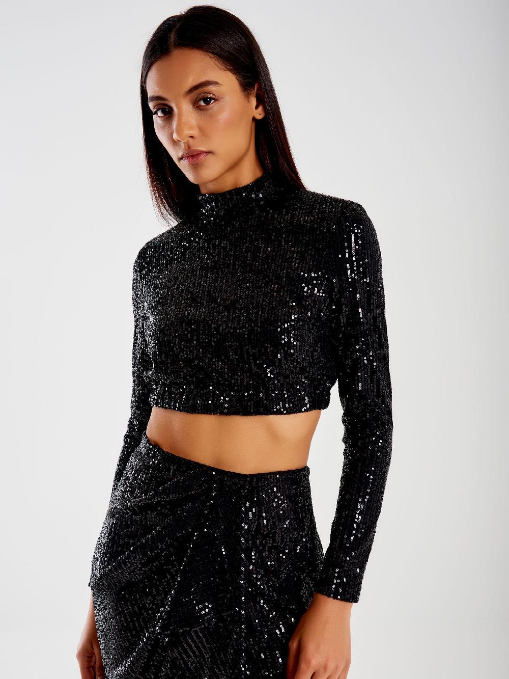 Vicolo Top Cropped Paillettes Nero