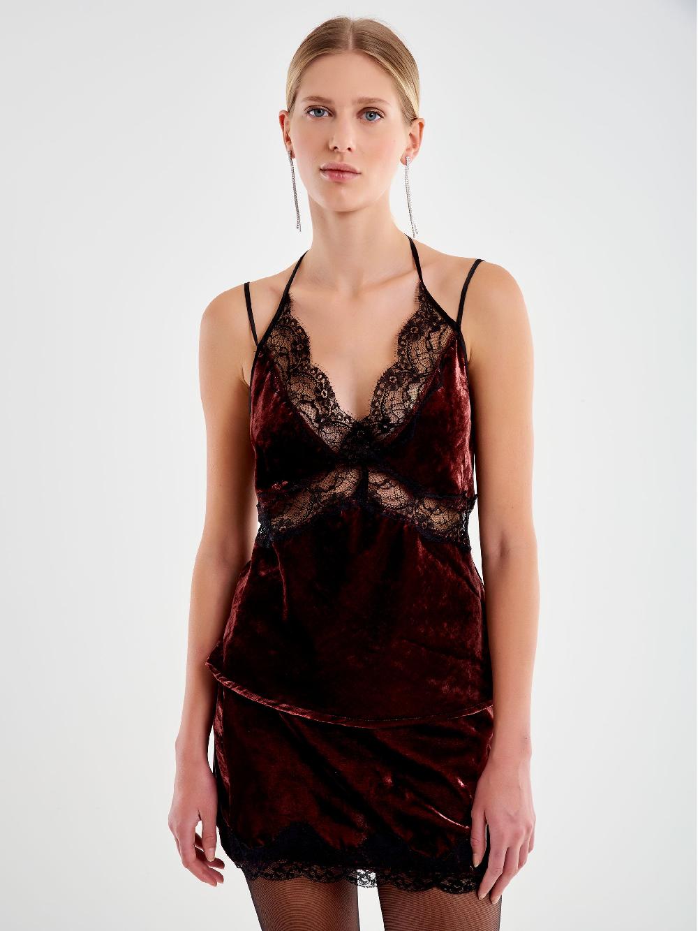 Vicolo Top In Pizzo E Velluto Bordeaux