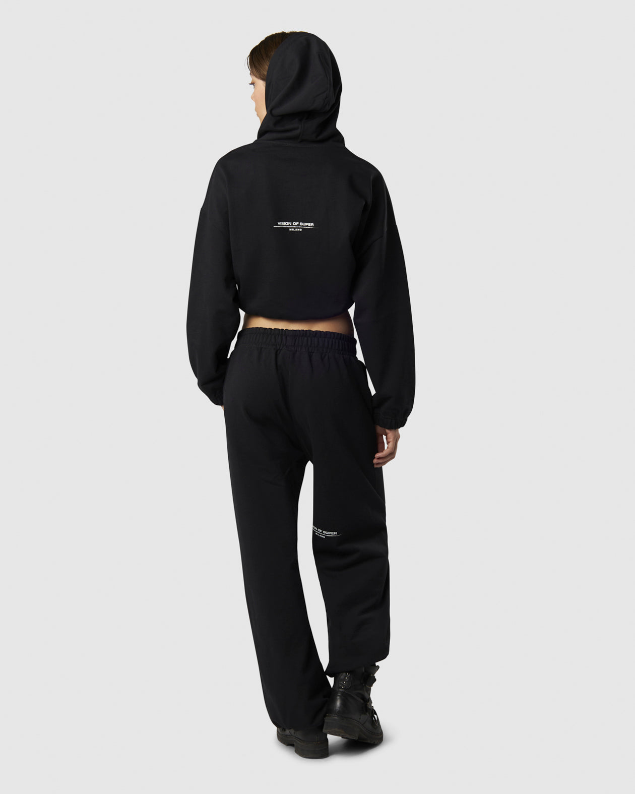 Vision Of Super BACK CROP HOODIE WITH EMBROIDERED FLAME LOGO ON FRONT AND PRINTED LOGO ON BACK