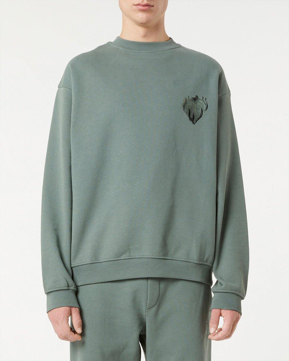 Vision Of Super BALSAM GREEN CREWNECK WITH EMBROIDERED FLAMING HEART