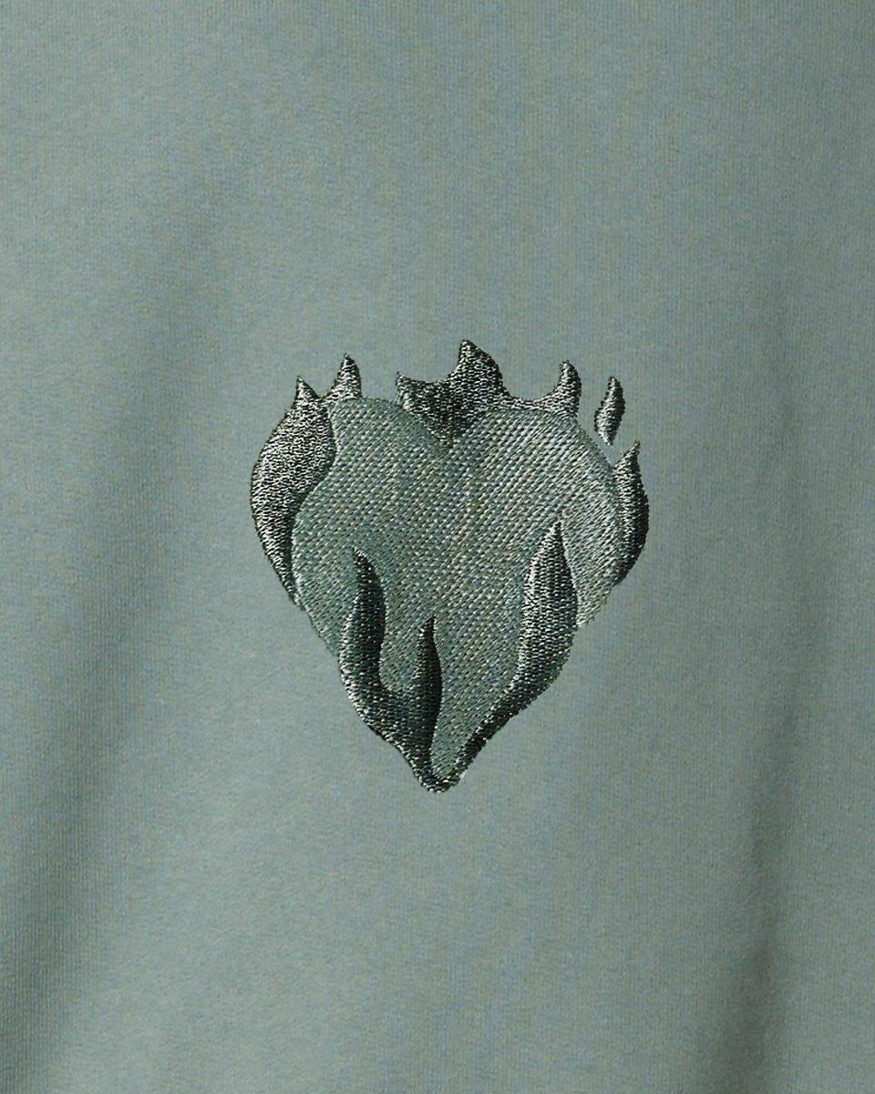 Vision Of Super BALSAM GREEN CREWNECK WITH EMBROIDERED FLAMING HEART