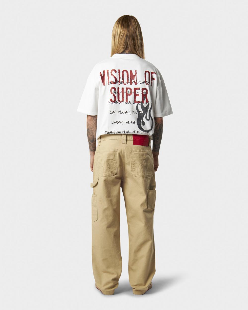 Vision Of Super BEIGE WORKER DENIM WITH EMBROIDERED FLAMES ON POCKETS AND RED NEW BIG LABEL