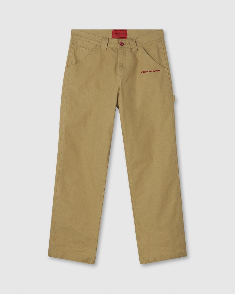 Vision Of Super BEIGE WORKER DENIM WITH EMBROIDERED FLAMES ON POCKETS AND RED NEW BIG LABEL
