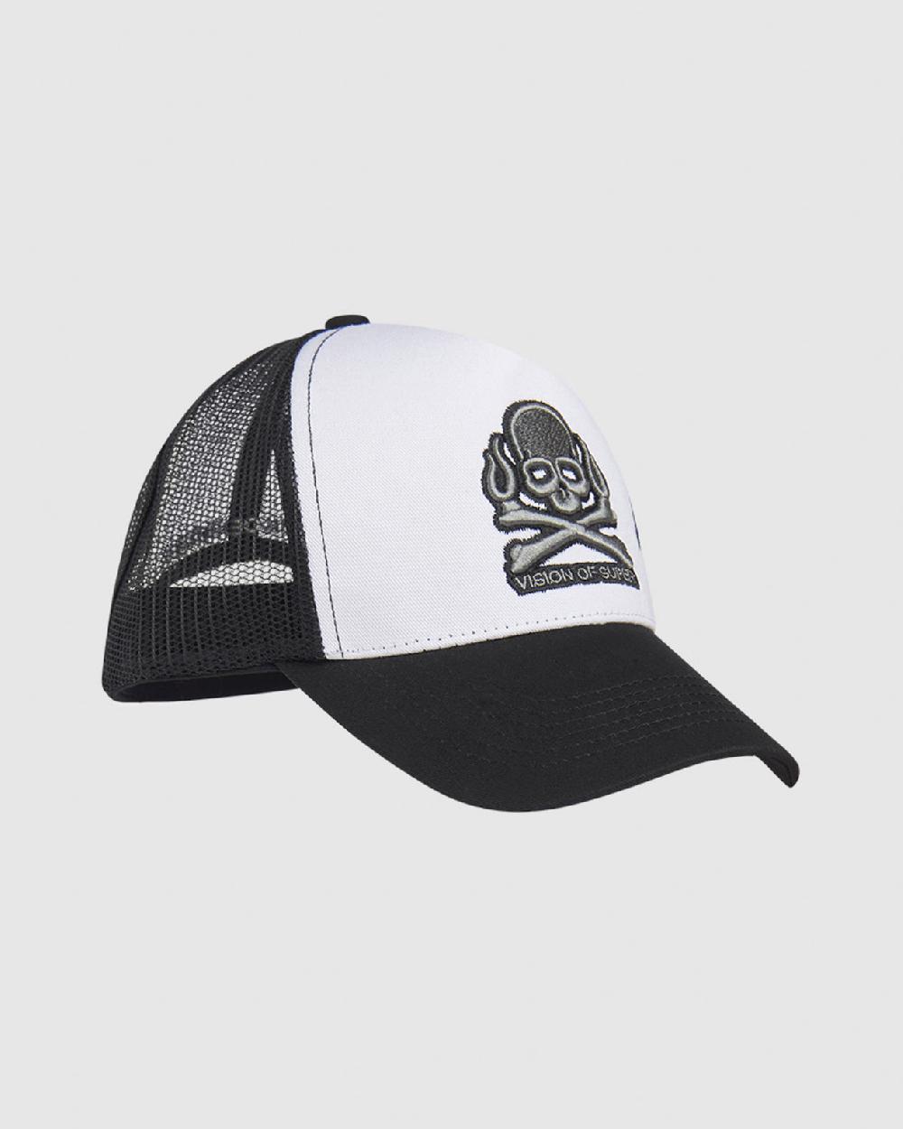 Vision Of Super BLACK AND SAND TRUCKER CAP WITH METAL LABEL AND SKULL PATCH