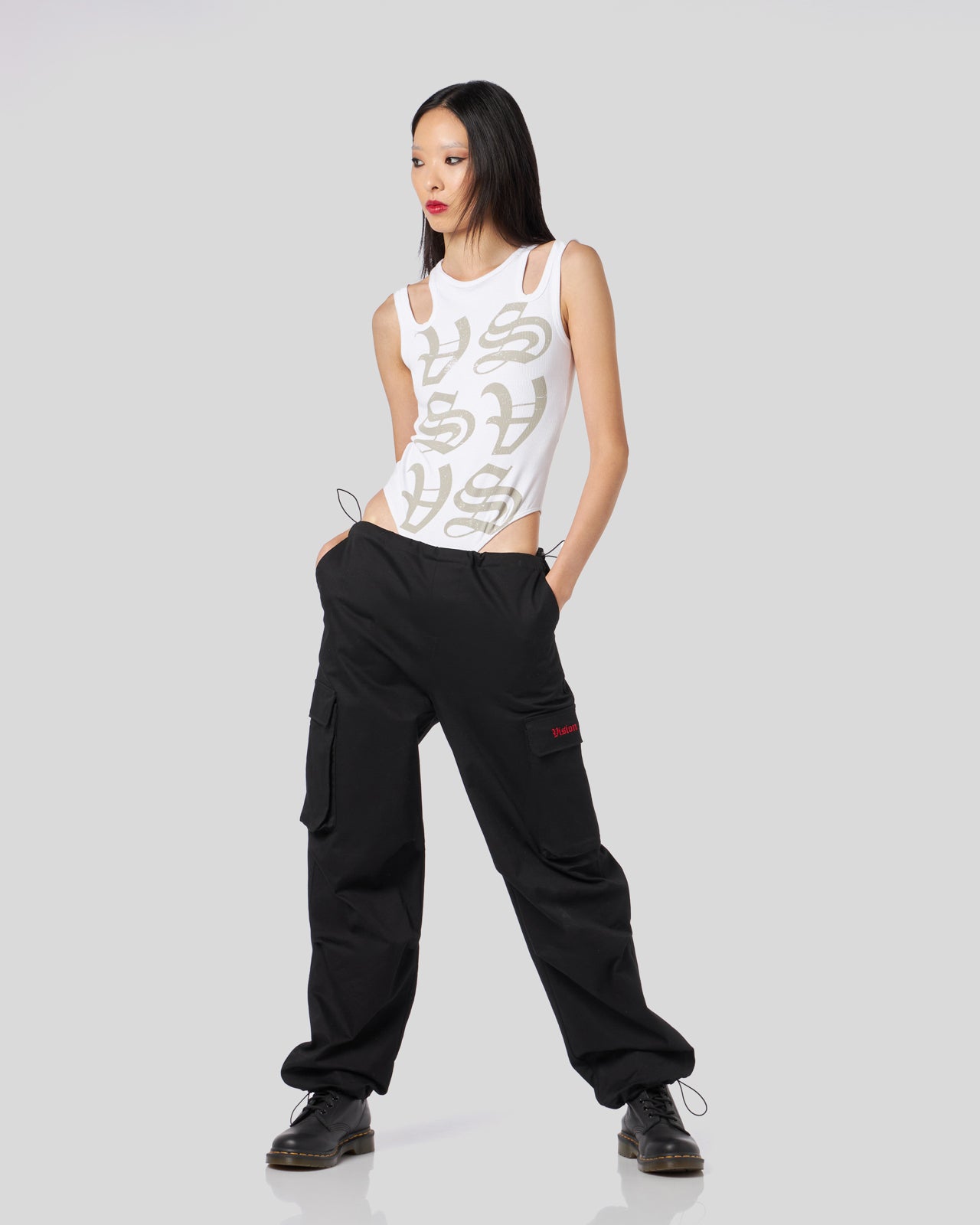 Vision Of Super BLACK CARGO PANTS WITH EMBROIDERED GOTIC LOGO
