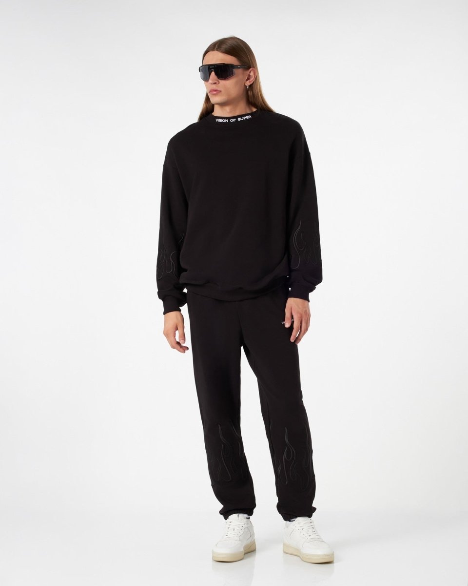 Vision Of Super BLACK CREWNECK WITH BLACK EMBROIDERED FLAMES