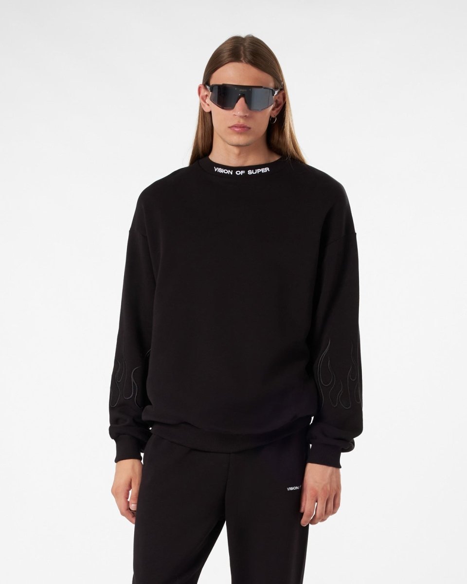 Vision Of Super BLACK CREWNECK WITH BLACK EMBROIDERED FLAMES