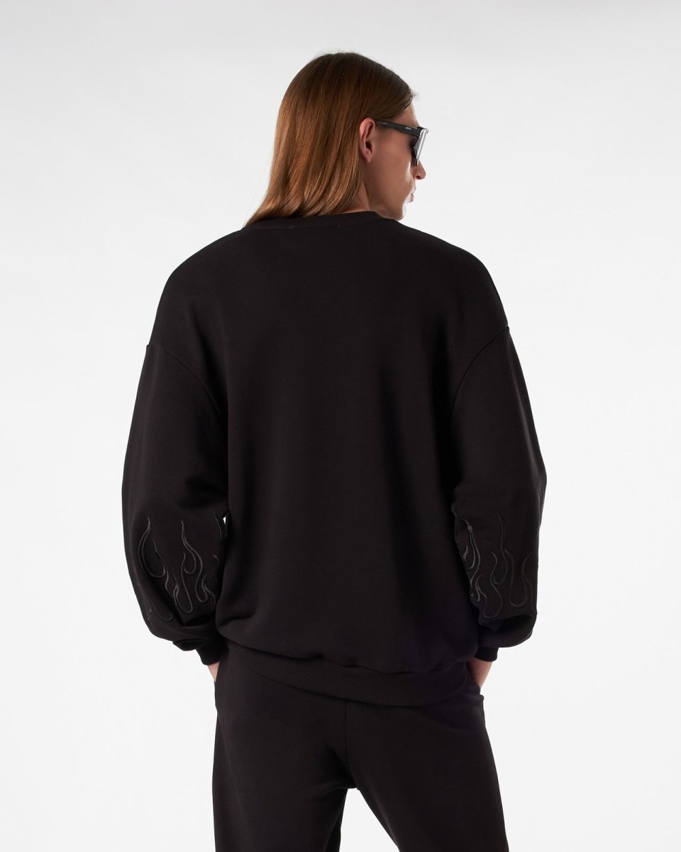Vision Of Super BLACK CREWNECK WITH BLACK EMBROIDERED FLAMES