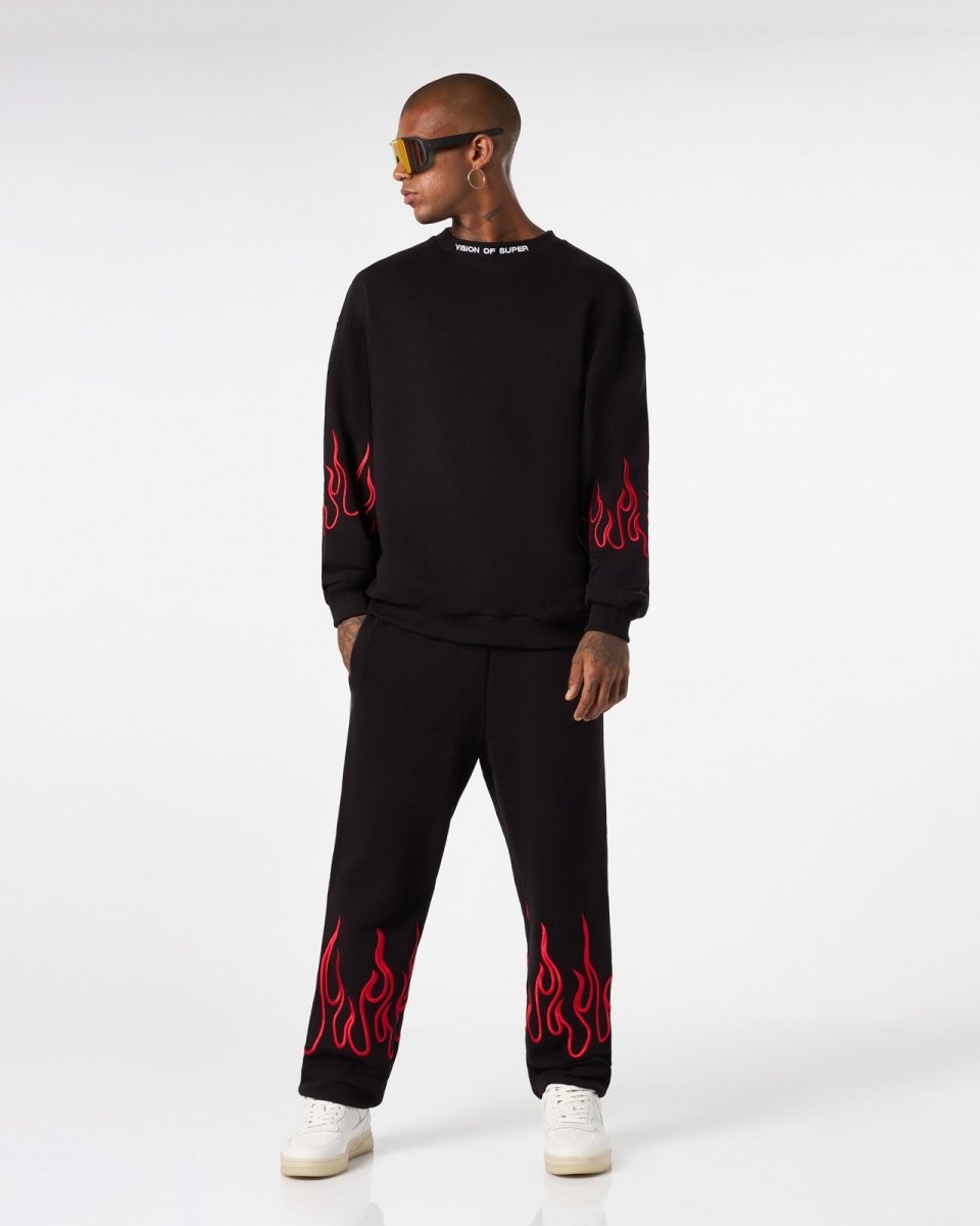 Vision Of Super BLACK CREWNECK WITH RED EMBROIDERED FLAMES
