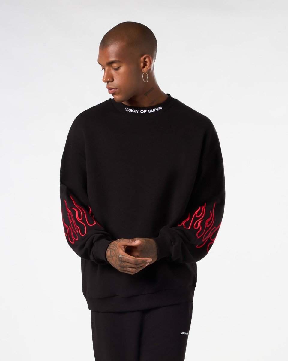 Vision Of Super BLACK CREWNECK WITH RED EMBROIDERED FLAMES