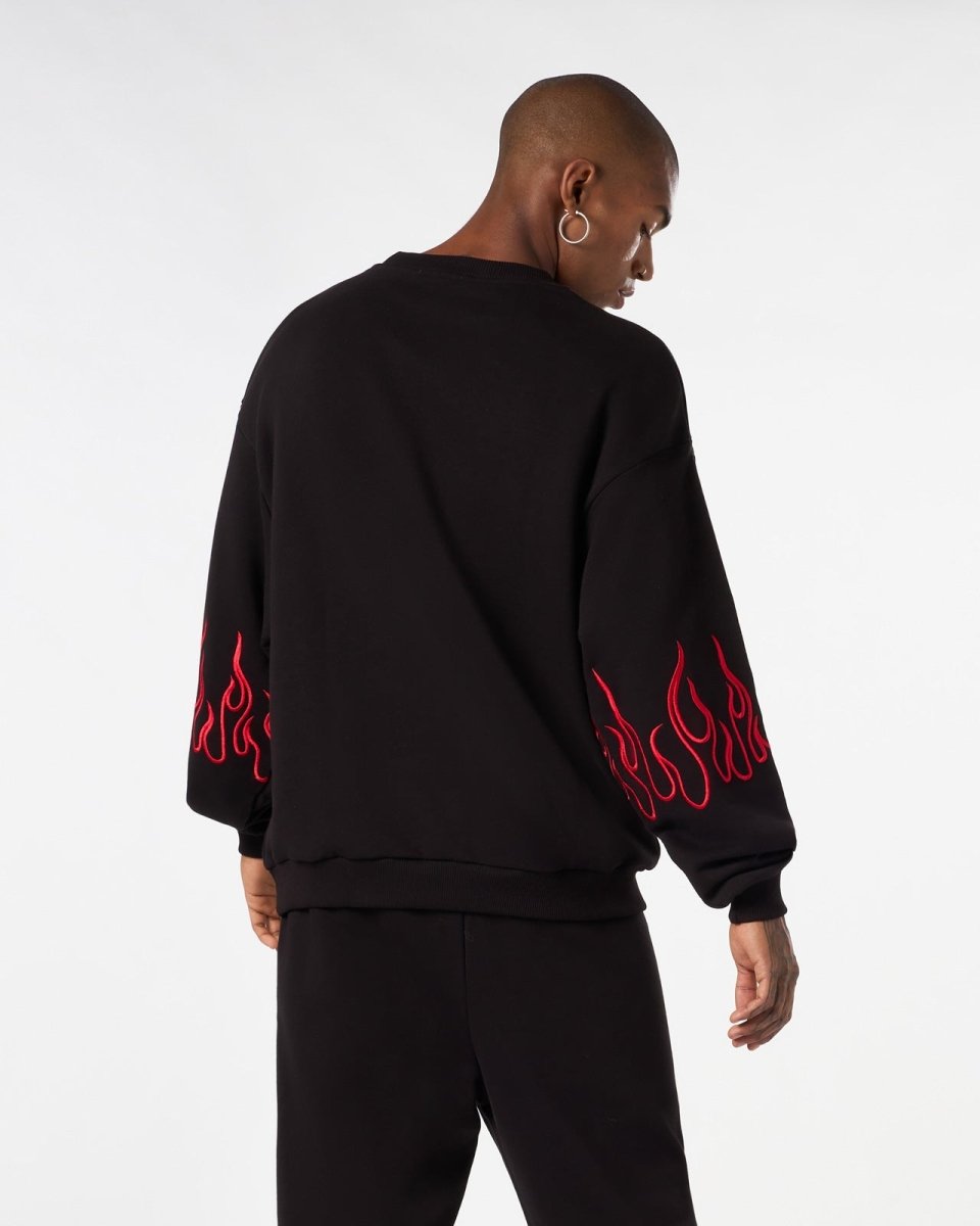 Vision Of Super BLACK CREWNECK WITH RED EMBROIDERED FLAMES