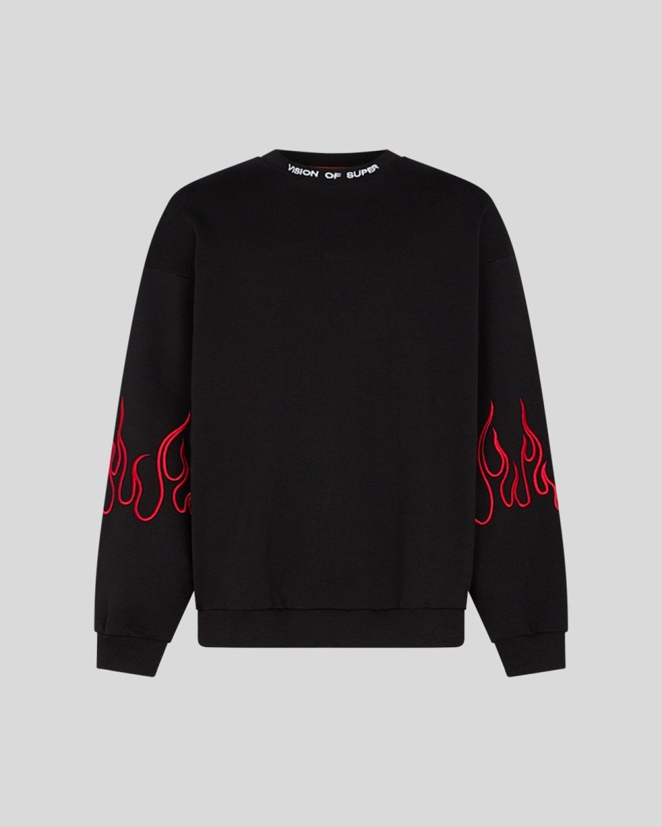Vision Of Super BLACK CREWNECK WITH RED EMBROIDERED FLAMES