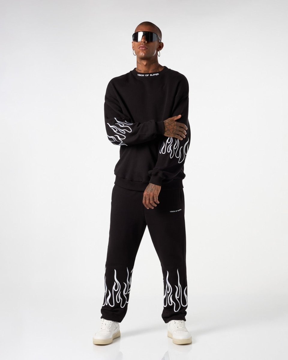 Vision Of Super BLACK CREWNECK WITH WHITE EMBROIDERED FLAMES