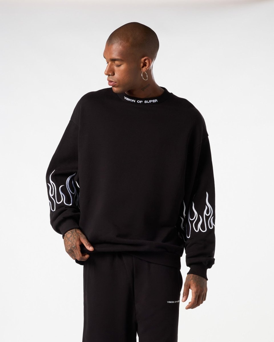 Vision Of Super BLACK CREWNECK WITH WHITE EMBROIDERED FLAMES