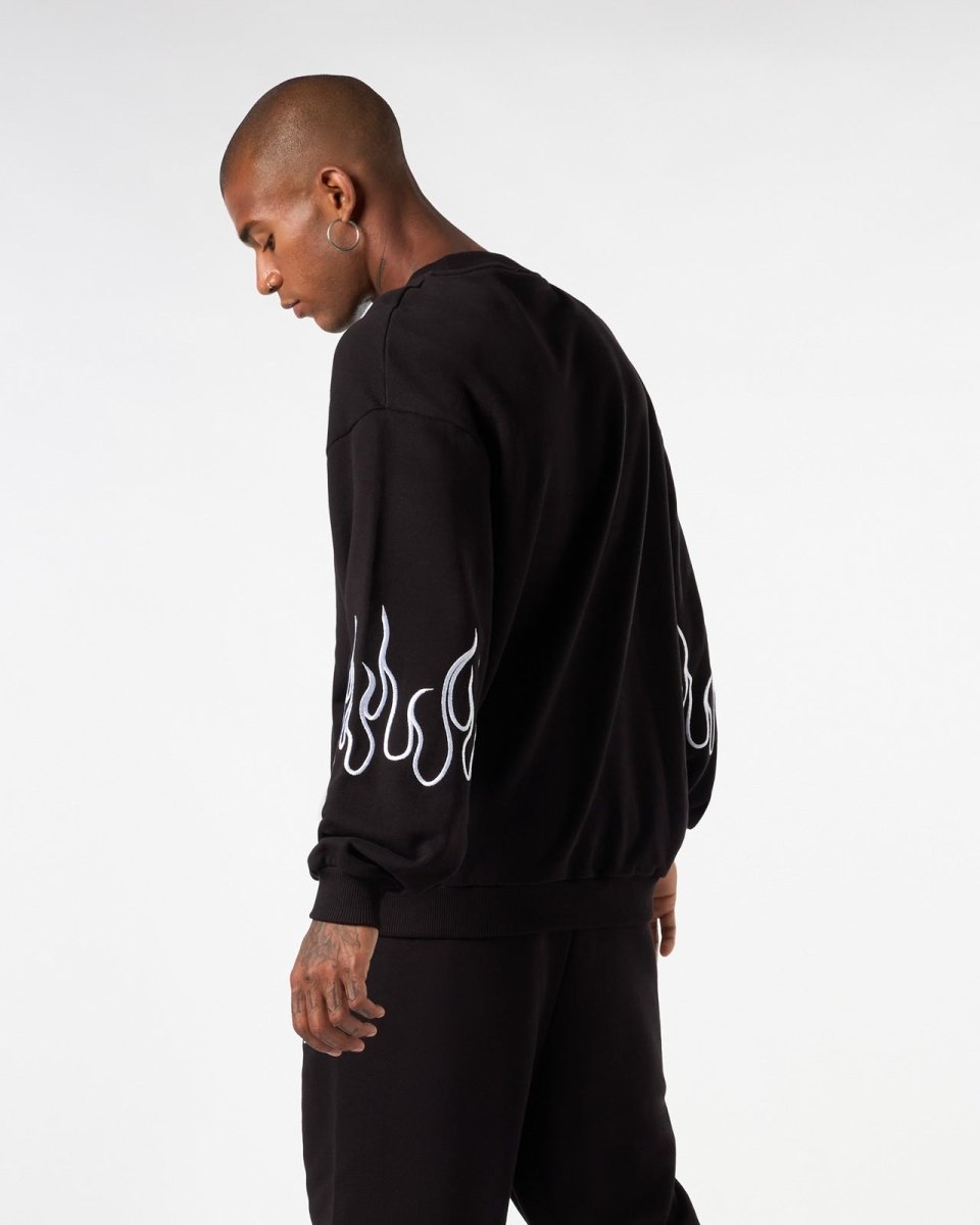 Vision Of Super BLACK CREWNECK WITH WHITE EMBROIDERED FLAMES