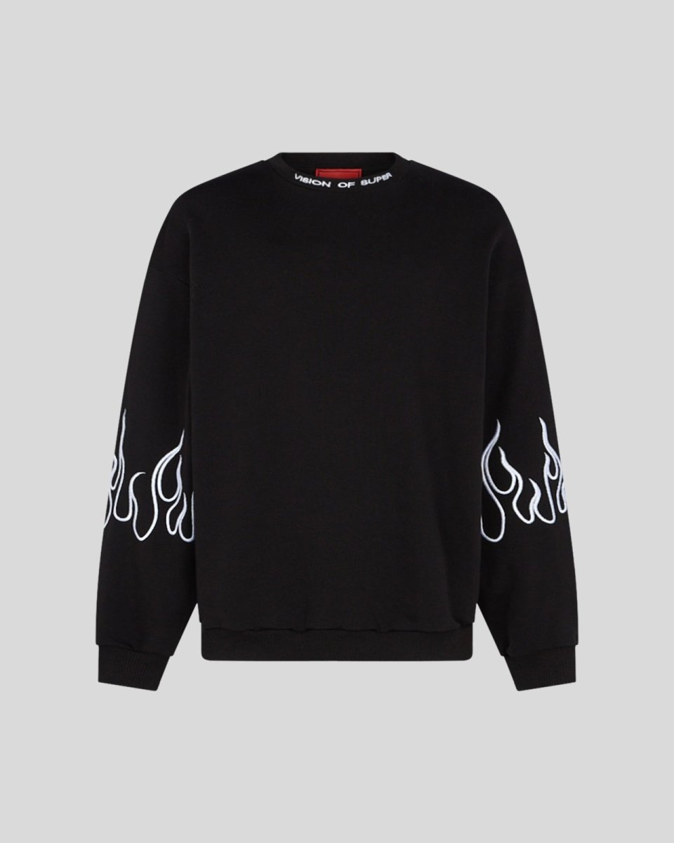 Vision Of Super BLACK CREWNECK WITH WHITE EMBROIDERED FLAMES
