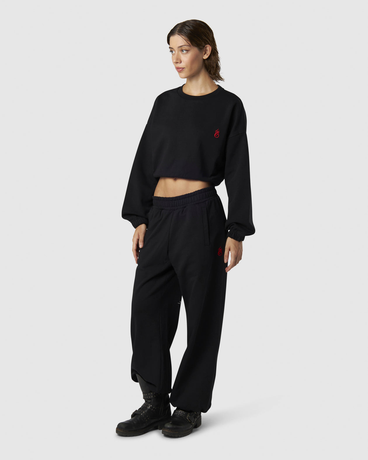 Vision Of Super BLACK CROP CREWNECK WITH EMBROIDERED FLAME LOGO ON FRONT AND PRINTED LOGO ON BACK