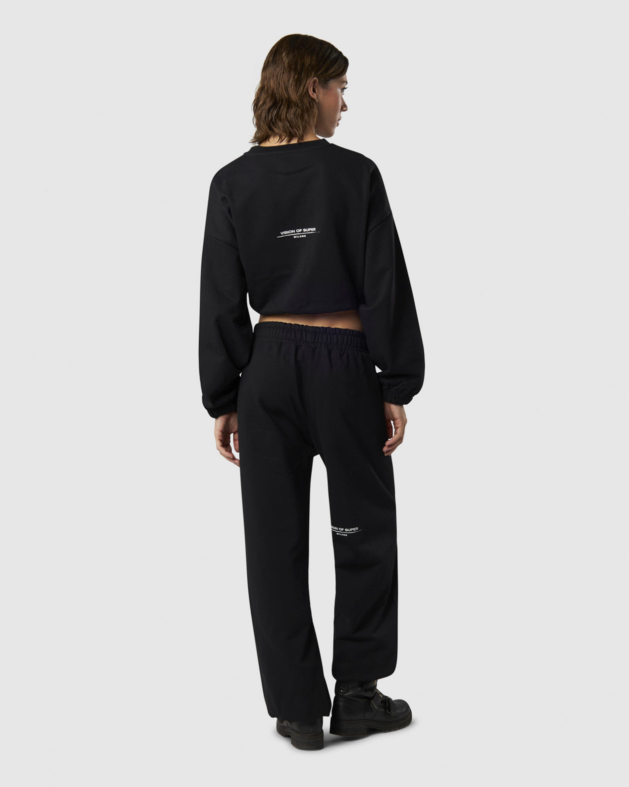 Vision Of Super BLACK CROP CREWNECK WITH EMBROIDERED FLAME LOGO ON FRONT AND PRINTED LOGO ON BACK