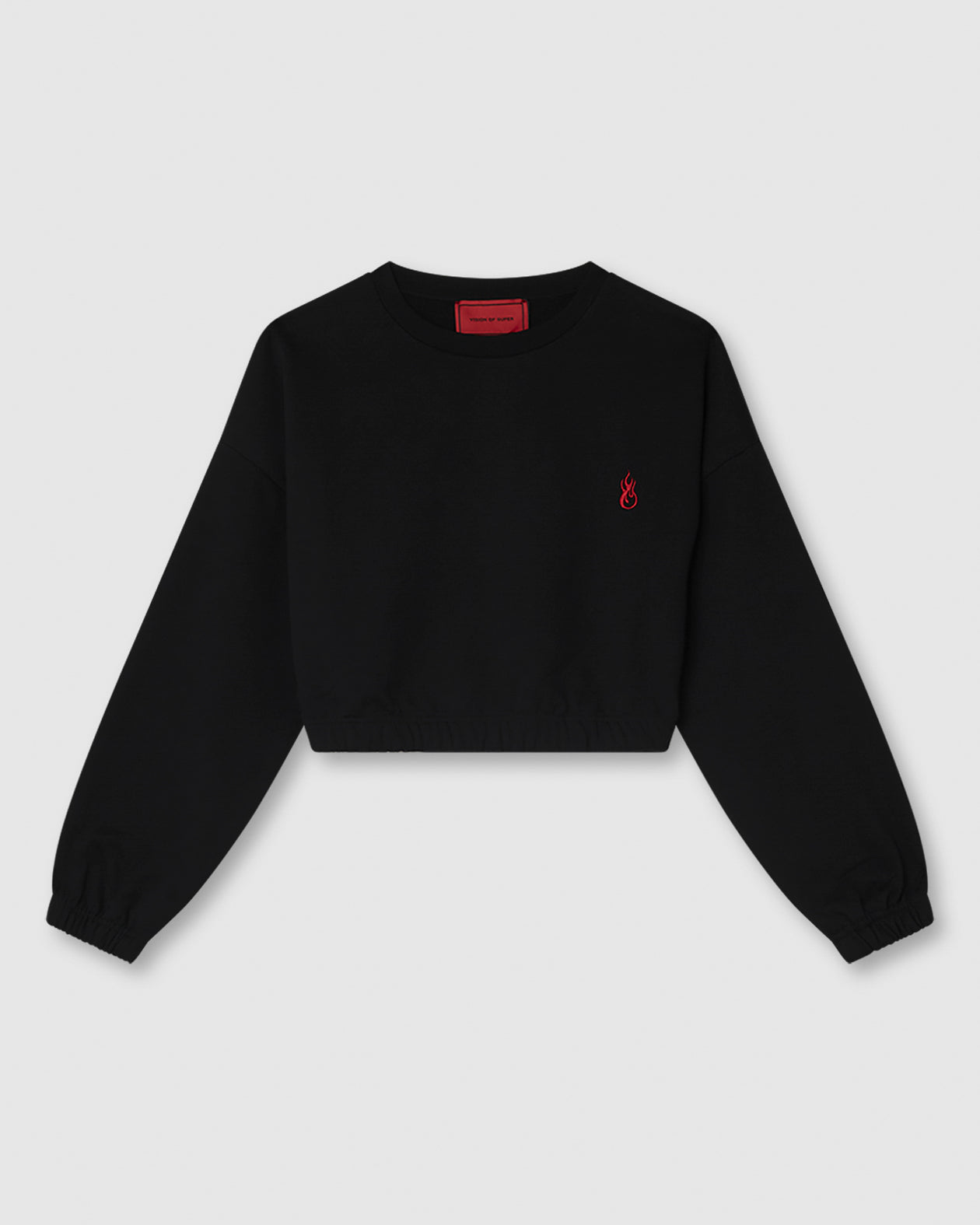 Vision Of Super BLACK CROP CREWNECK WITH EMBROIDERED FLAME LOGO ON FRONT AND PRINTED LOGO ON BACK