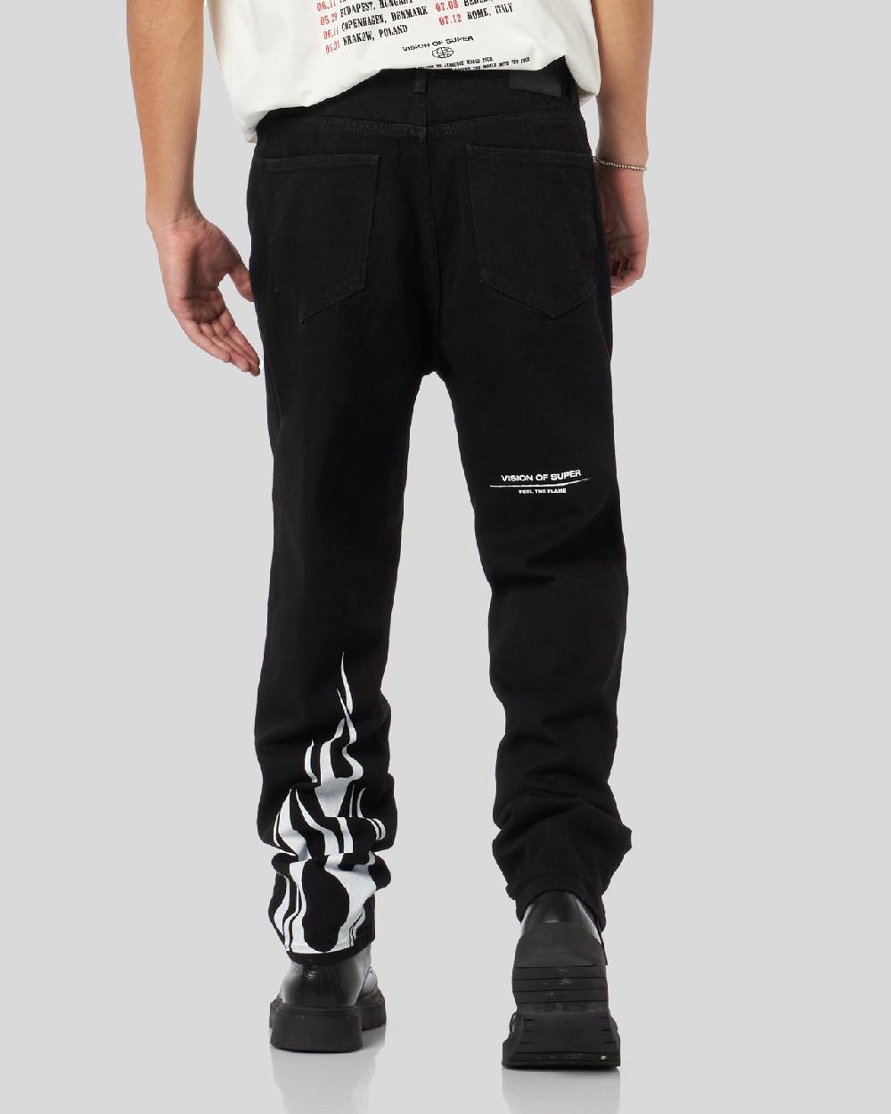 Vision Of Super BLACK DENIM JEANS WITH PRINTED FLAMES AND LOGO