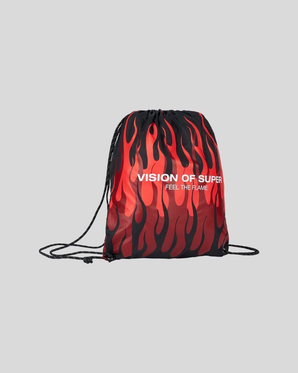 Vision Of Super BLACK DRAWSTRING BACKPACK WITH TRIPLE FLAMES AND LOGO PRINT