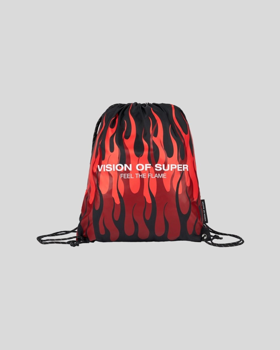 Vision Of Super BLACK DRAWSTRING BACKPACK WITH TRIPLE FLAMES AND LOGO PRINT