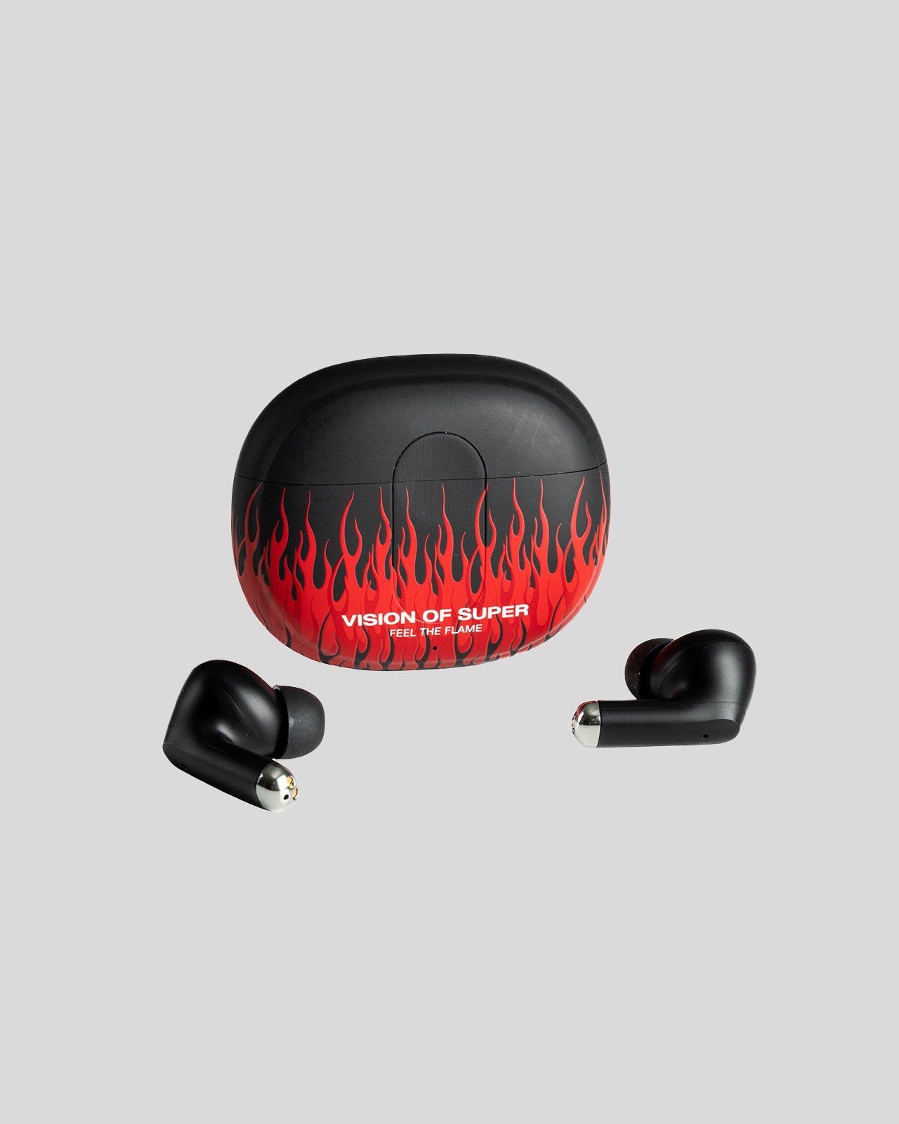 Vision Of Super BLACK EARPHONES WITH RED FLAMES AND WHITE LOGO