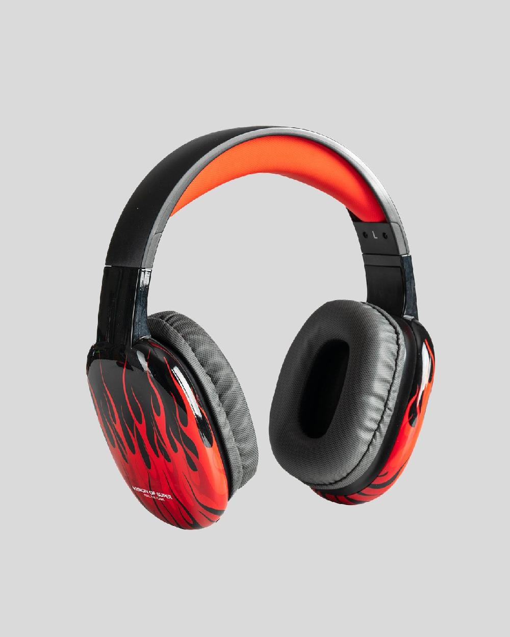Vision Of Super BLACK HEADPHONES WITH RED FLAMES AND WHITE LOGO