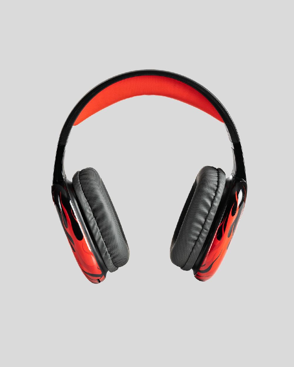Vision Of Super BLACK HEADPHONES WITH RED FLAMES AND WHITE LOGO