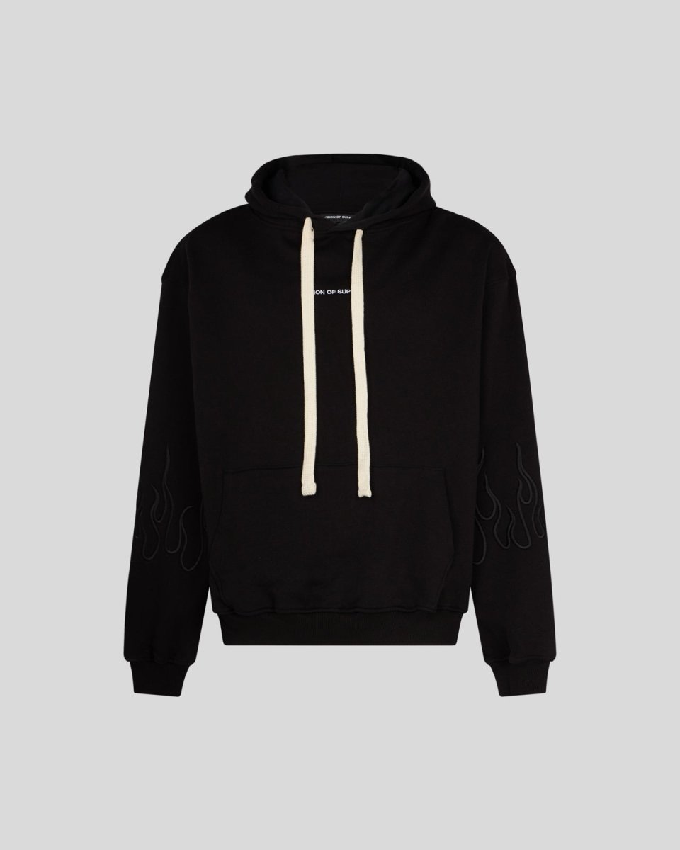Vision Of Super BLACK HOODIE WITH BLACK EMBROIDERED FLAMES