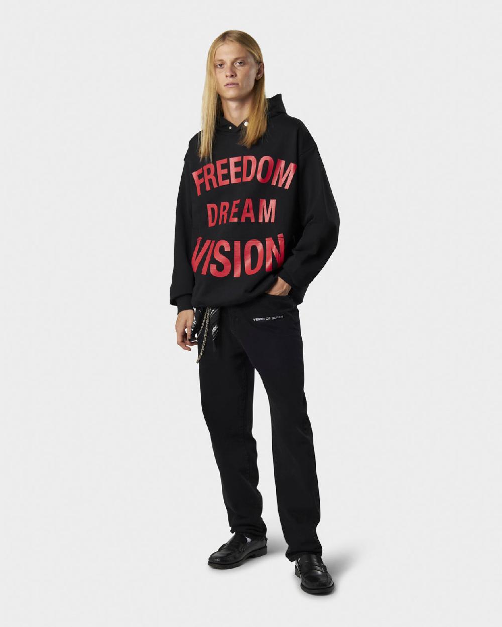 Vision Of Super BLACK HOODIE WITH FREEDOM PRINT METAL LABEL AND BUTTON