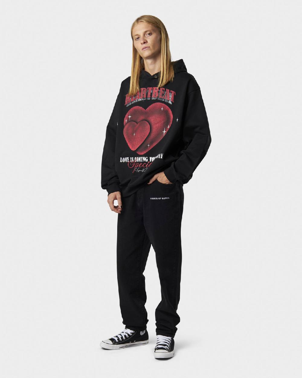 Vision Of Super BLACK HOODIE WITH HEARTBEAT PRINT ON FRONT AND METAL LABEL AND BUTTON