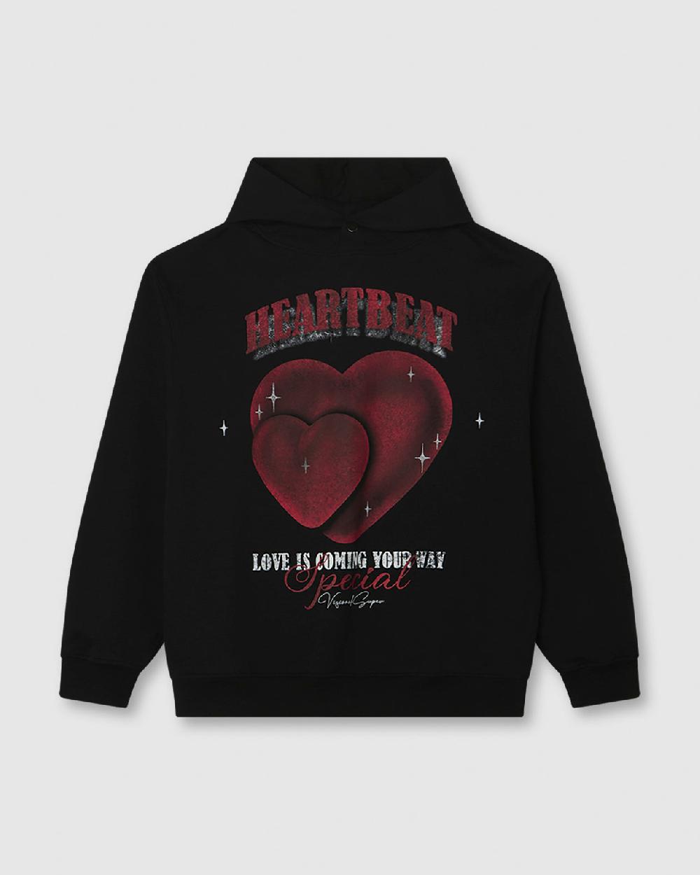Vision Of Super BLACK HOODIE WITH HEARTBEAT PRINT ON FRONT AND METAL LABEL AND BUTTON
