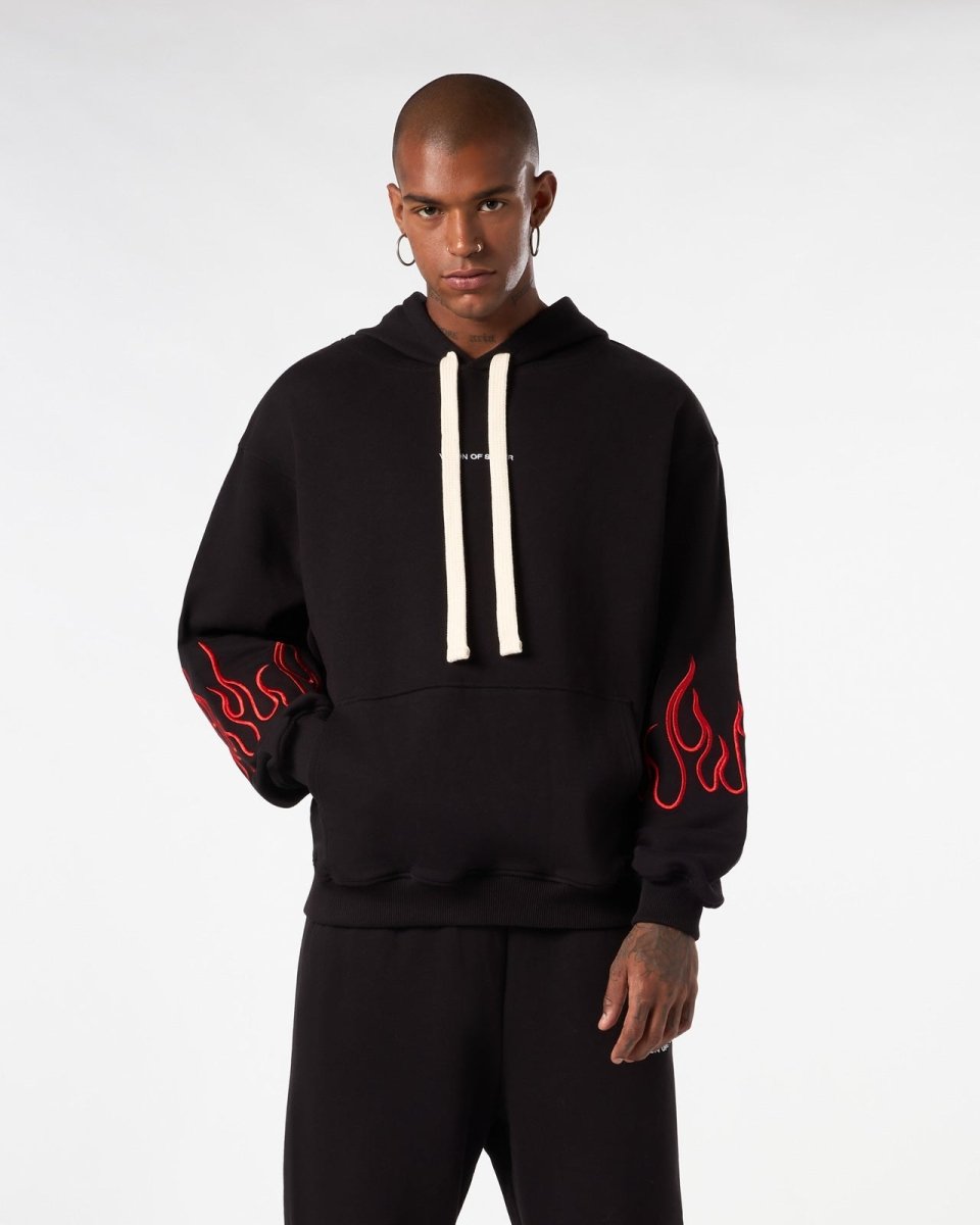 Vision Of Super BLACK HOODIE WITH RED EMBROIDERED FLAMES