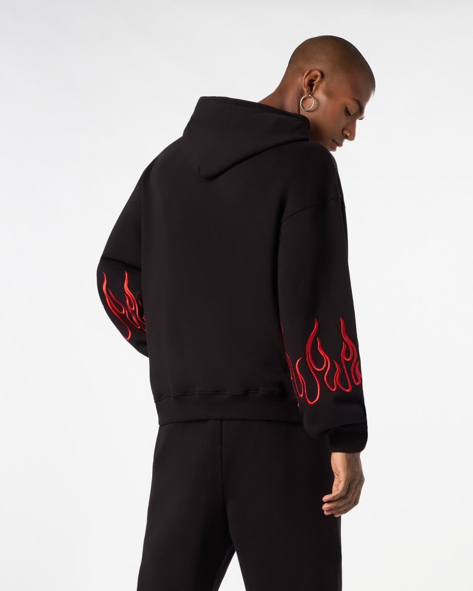 Vision Of Super BLACK HOODIE WITH RED EMBROIDERED FLAMES