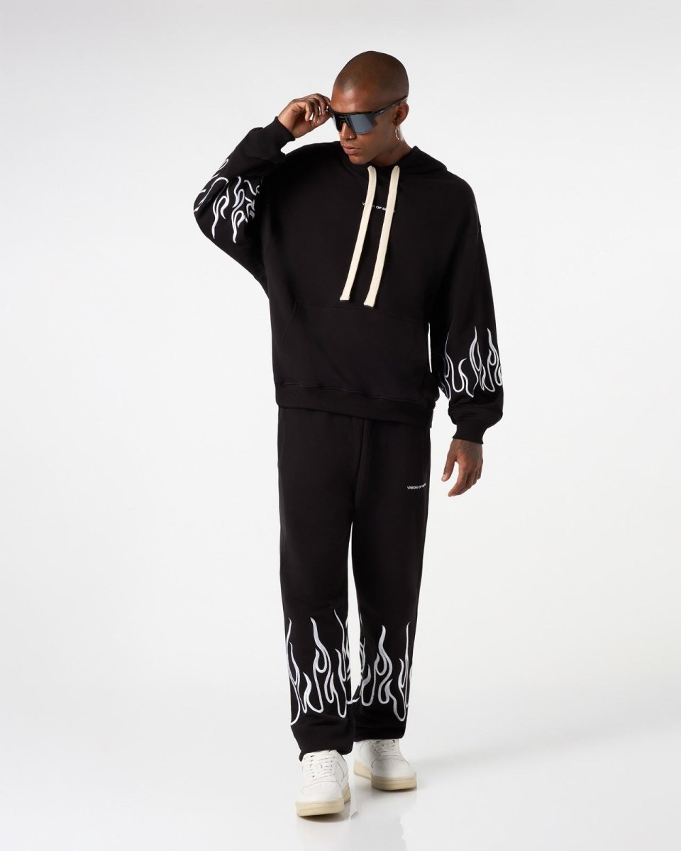Vision Of Super BLACK HOODIE WITH WHITE EMBROIDERED FLAMES