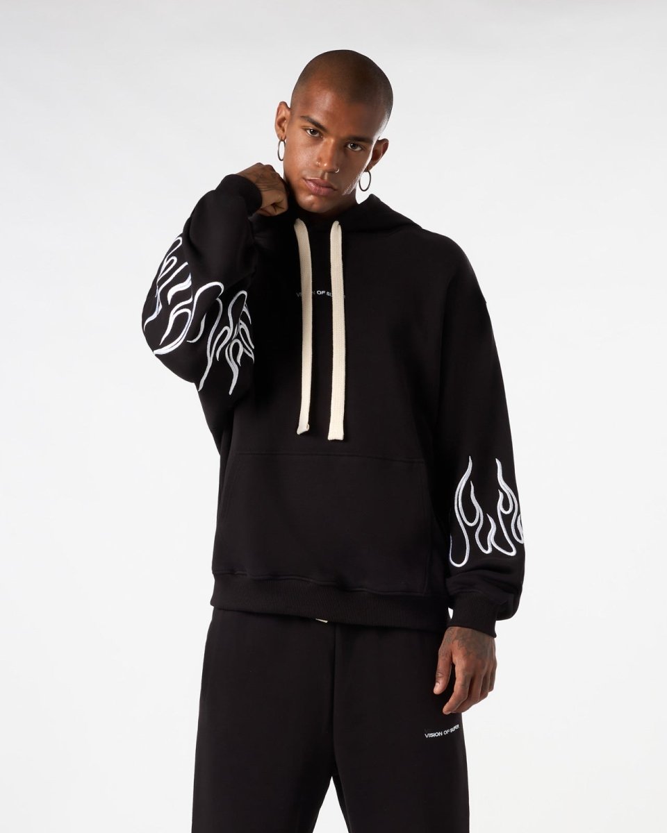 Vision Of Super BLACK HOODIE WITH WHITE EMBROIDERED FLAMES