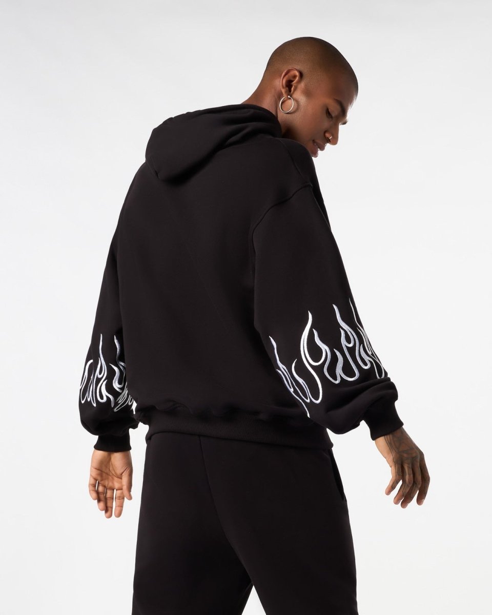 Vision Of Super BLACK HOODIE WITH WHITE EMBROIDERED FLAMES