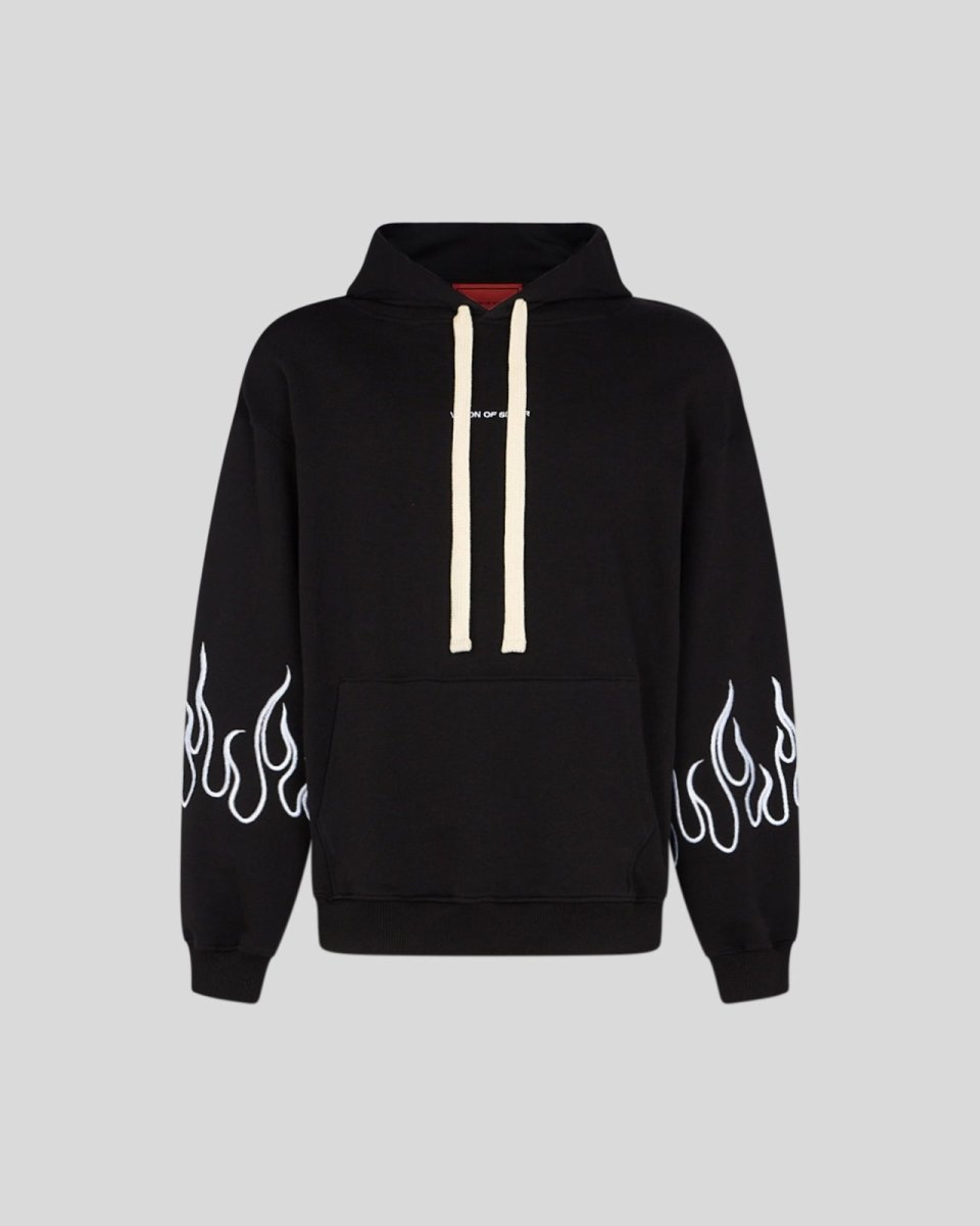 Vision Of Super BLACK HOODIE WITH WHITE EMBROIDERED FLAMES