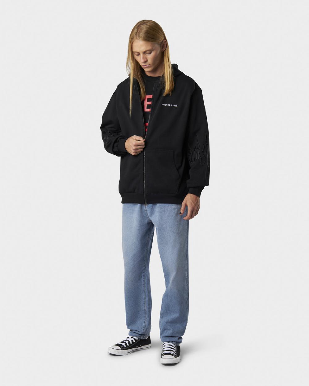 Vision Of Super BLACK HOODIE ZIP WITH EMBROIDERED WHITE LOGO BLACK FLAMES AND METAL LABEL + BUTTON