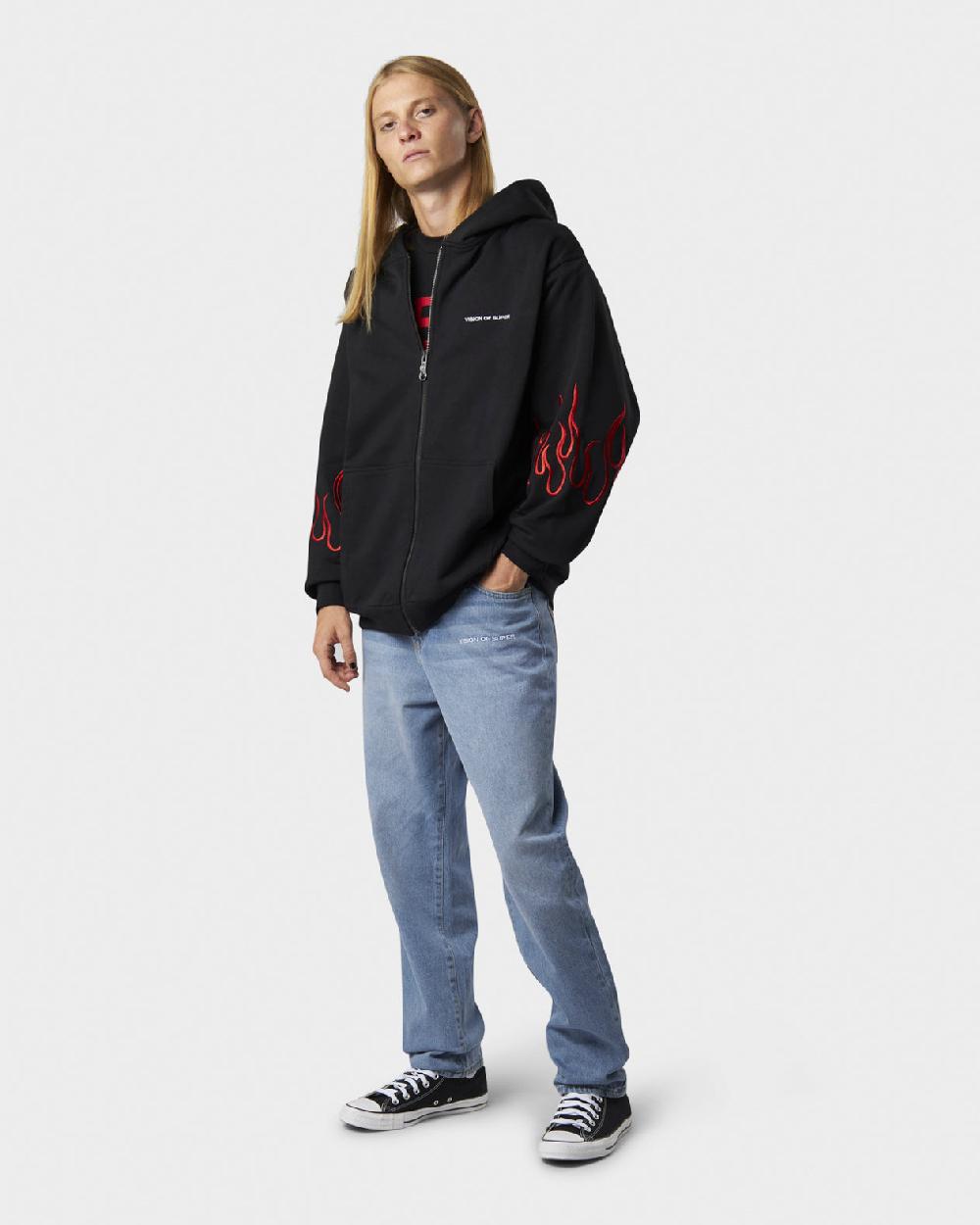 Vision Of Super BLACK HOODIE ZIP WITH EMBROIDERED WHITE LOGO EMBROIDERED RED FLAMES AND METAL LABEL + BUTTON