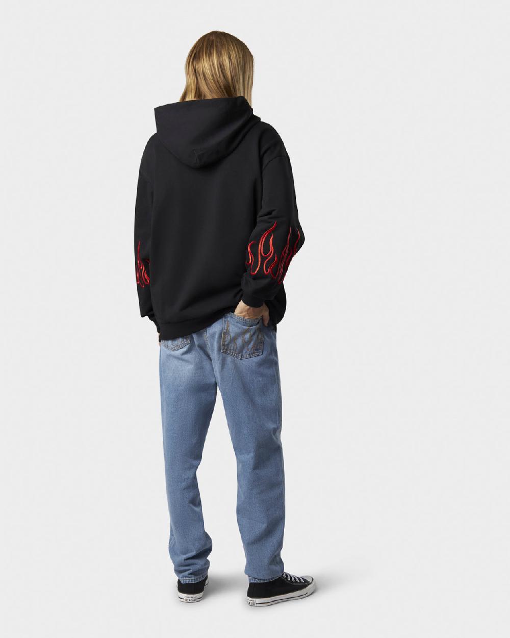 Vision Of Super BLACK HOODIE ZIP WITH EMBROIDERED WHITE LOGO EMBROIDERED RED FLAMES AND METAL LABEL + BUTTON