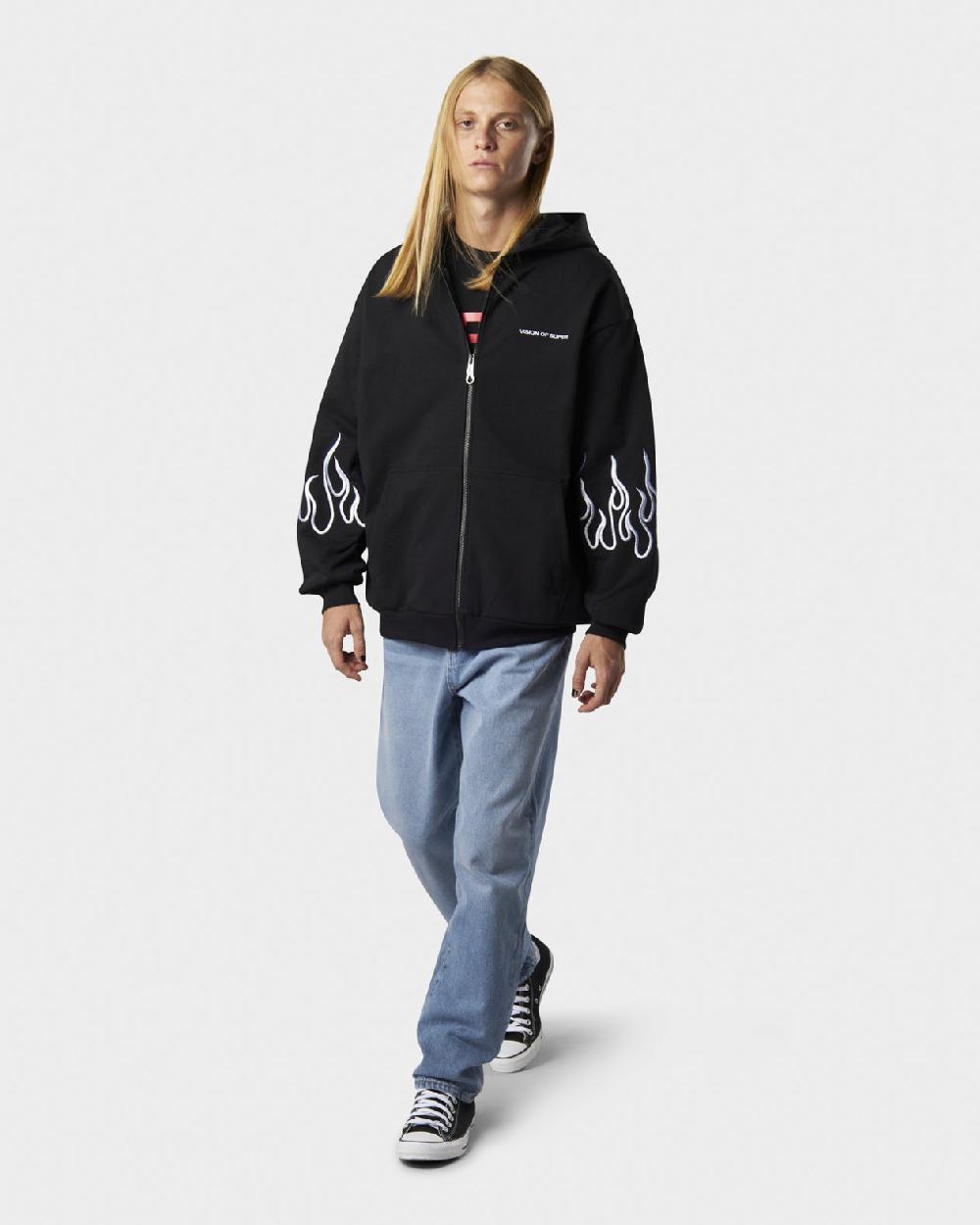Vision Of Super BLACK HOODIE ZIP WITH EMBROIDERED WHITE LOGO EMBROIDERED WHITE FLAMES AND METAL LABEL + BUTTON
