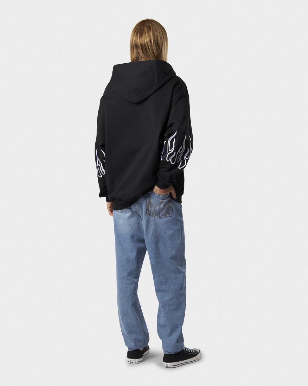 Vision Of Super BLACK HOODIE ZIP WITH EMBROIDERED WHITE LOGO EMBROIDERED WHITE FLAMES AND METAL LABEL + BUTTON