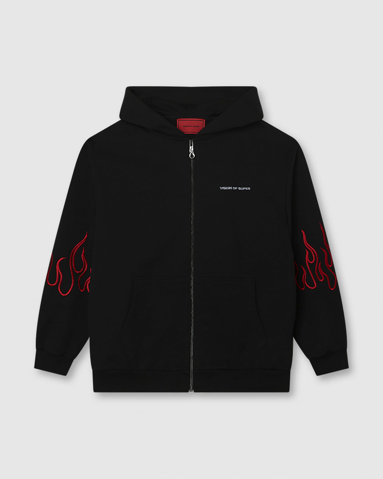 Vision Of Super BLACK HOODIE ZIP WITH EMBROIDERED WHITE LOGO EMBROIDERED RED FLAMES AND METAL LABEL + BUTTON