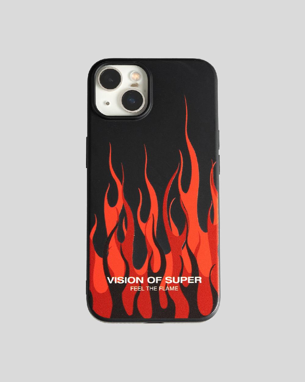 Vision Of Super BLACK IPHONE 14 COVER WITH RED FLAMES AND WHITE LOGO