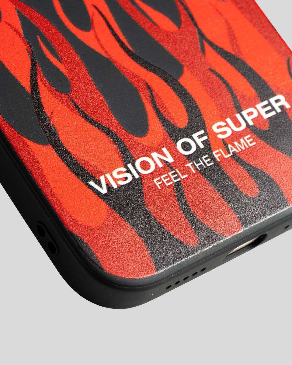 Vision Of Super BLACK IPHONE 14 PRO COVER WITH RED FLAMES AND WHITE LOGO
