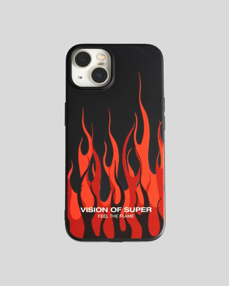 Vision Of Super BLACK IPHONE 14 PRO COVER WITH RED FLAMES AND WHITE LOGO