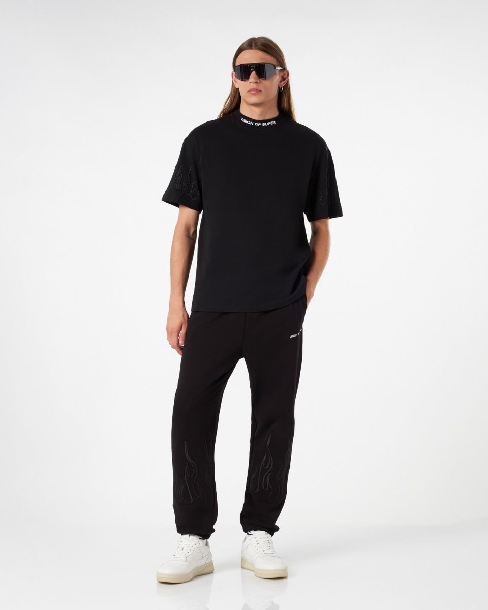 Vision Of Super BLACK PANTS WITH BLACK EMBROIDERED FLAMES